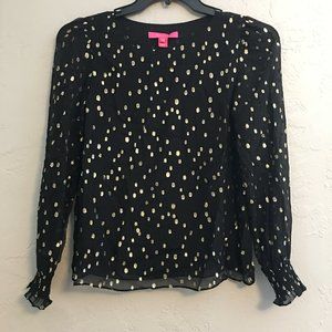 LILLY PULITZER XS GIANA SILK BLACK GOLD DOTS LONG SLEEVE SHEER BLOUSE